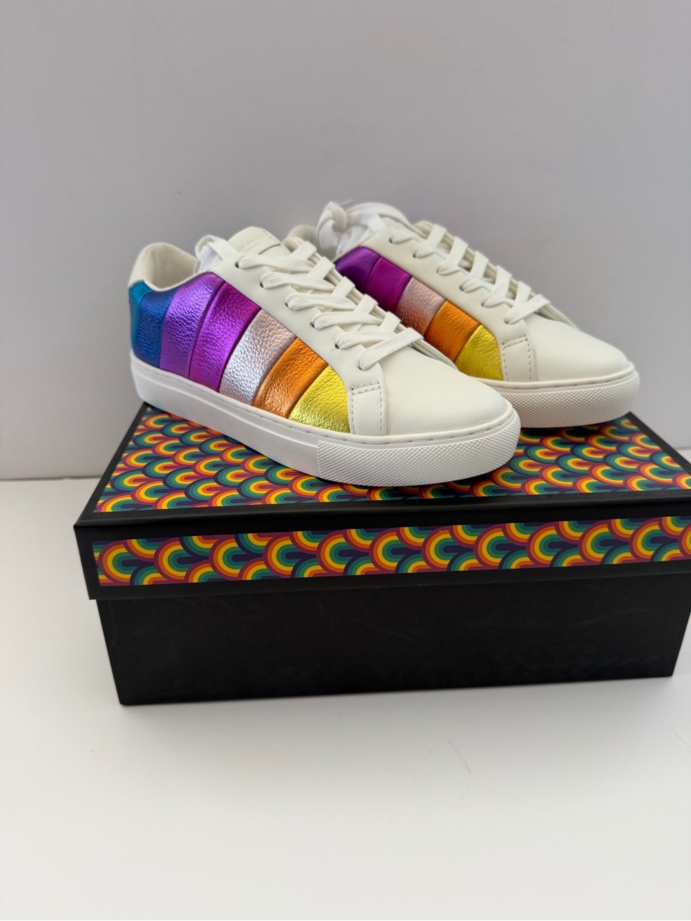 Kurt Geiger White Leather Sneakers with Rainbow Metallic Stripes